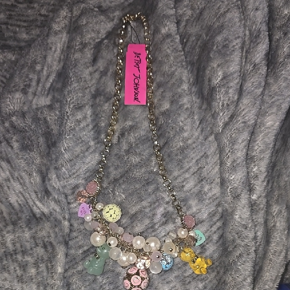 Betsey Johnson Pastel Gummy Bear & Candy Hearts Charm Y2k Necklace